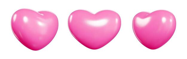 Set of three glossy pink 3d heart floating balloons with shadows. Realistic vector
