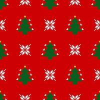 Christmas and New Year seamless pattern. White snowflakes and Christmas tree on red pixel pattern for winter hat,jumper,sweater, wrapping,fabric,border,rim,carpets, blankets, towels. vector