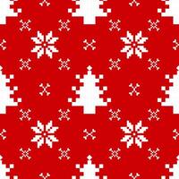Christmas and New Year seamless pattern. White snowflakes and Christmas tree on red pixel pattern for winter hat,jumper,sweater, wrapping,fabric,border,rim,carpets, blankets vector