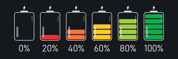 Battery charge level indicators in percentage. Discharged and fully charged batteries of different energy levels. Low and high charge level. Illustration isolated on background. vector