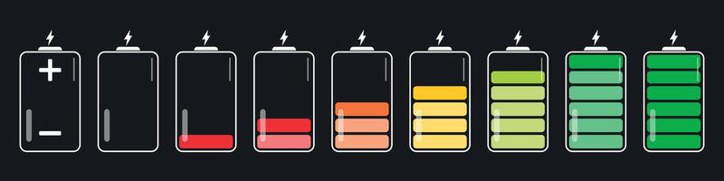 Collection of different battery charge indicators. Discharged and fully charged batteries of different energy levels. Plus, minus, low and high charge level. Illustration isolated on background. vector