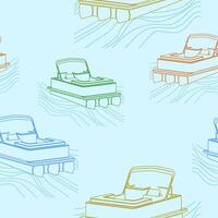 Editable Outline Three-Quarter Semi Top Oblique Front View American Pontoon Boat on Wavy Lake Vectorized Illustration Seamless Pattern for Creating Transportation or Recreation Related Background vector