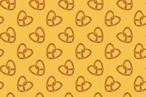 pretzel with love shape filled flat pattern on yellow background. doodle pretzel bread pastry symbol seamless pattern background. retro heart pretzel shape seamless pattern for decor and merchandise vector