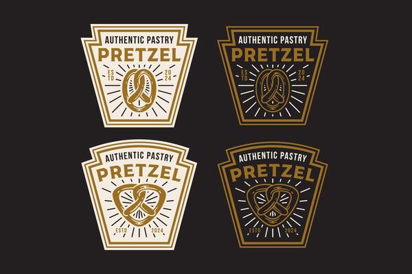 pretzel baked pastry with oval and triangle shape retro badge logo design for chef, kitchener and pastry cook. pretzel bread emblem logo collection for bakery and restaurant