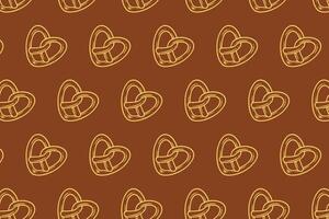 pretzel baked pastry with love shape pattern on brown background. doodle pretzel outline symbol seamless pattern background. retro heart pretzel shape seamless pattern for decor and merchandise vector