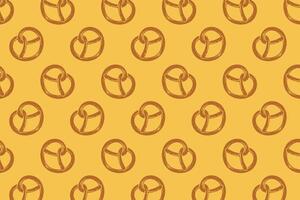 pretzel with heart shape filled flat pattern on yellow background. doodle pretzel bread pastry symbol seamless pattern background. retro love pretzel shape seamless pattern for decor and merchandise vector
