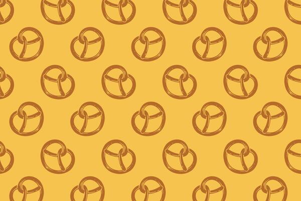 pretzel with heart shape filled flat pattern on yellow background. doodle pretzel bread pastry symbol seamless pattern background. retro love pretzel shape seamless pattern for decor and merchandise