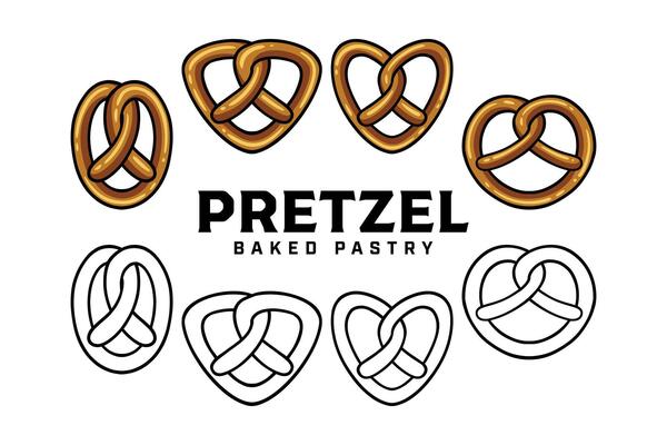 pretzel baked pastry with any shape colorful and outline badge logo design set for bakery and restaurant. dough pretzel bread illustration logo template for snack, recipe, chef