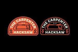 hacksaw with handle retro badge logo design for woodwork, craftsman, handyman. hack saw cutting tool emblem logo collection for carpenter, workshop, construction vector