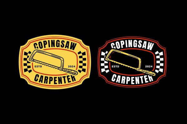 coping saw with wooden handle retro badge logo design for woodwork, craftsman, handyman. handsaw, traditional coping saw, cutter emblem logo collection for carpenter, workshop, construction