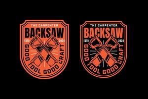 backsaw with handle retro badge logo design for woodwork, craftsman, handyman. vintage backsaw cutting tool emblem logo collection for carpenter, workshop, construction vector
