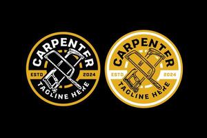 coping saw and hacksaw crossed retro badge logo design for woodwork, craftsman, handyman. vintage coping saw, hacksaw cutting tool emblem logo collection for carpenter, workshop, construction vector