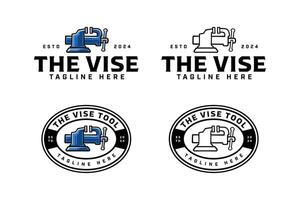 vise tool crossed colorful and outline badge logo design set for workshop and garage. workbench, pressure tool illustration logo template for repairer, mechanic, craftsman vector