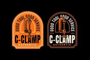 c-clamp tool crossed retro badge logo design for woodwork, craftsman, mechanic. clamp, compress tool crossed emblem logo collection for construction, carpenter, workshop, garage vector