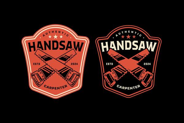 handsaw with handle crossed retro badge logo design for woodwork, craftsman, handyman. traditional handsaw cutting tool emblem logo collection for carpenter, workshop, construction