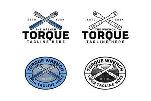 torque wrench tool crossed colorful and outline badge logo design set for workshop, garage. ratchet wrench crossed illustration logo template for repairer, mechanic, craftsman vector