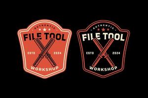 hand file tool crossed retro badge logo design for woodwork, craftsman, mechanic. metal rasp file equipment crossed emblem logo collection for construction, carpenter, workshop, garage vector