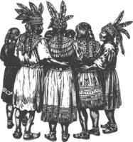 Group of Indigenous People in Traditional Dress with Feathers vector