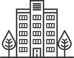 Line drawing of a building with trees on either side vector