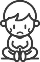 A black and white line drawing of a boy sitting on the floor vector