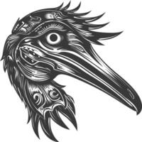 A black and white drawing of a bird with long beak vector