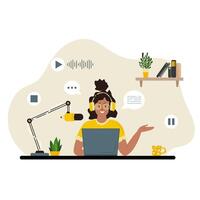 Cute woman in headphones speaks into the microphone recording audio broadcast. Podcast concept. Interview with radio host. vector