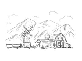 Sketch of farm, mill, barn vector