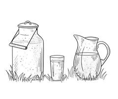 sketch of milk, can, glass of milk in the field vector