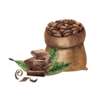 Cocoa beans in burlap with leaves and chocolate pieces watercolor illustration. Hand drawn jute bag full of beans and seeds in brown and green tones for botanical style chocolate packaging design png