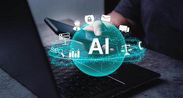Businesswoman show virtual global interface with AI. Artificial Intelligence. Using command prompt to generate something, Futuristic technology. photo