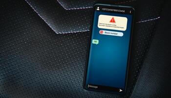 Top view of smartphone screening message from suspected number scam. Unwanted anonymous call. Fraud and phishing phone concept. Message from stranger. photo