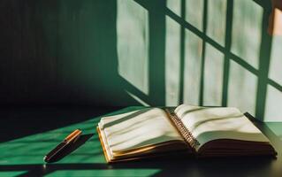 Flat lay green desk view with open notepad, pen and long shadows. Back to school or educational concept. photo