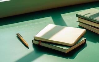 Flat lay green desk view with open notepad, pen and long shadows. Back to school or educational concept. photo