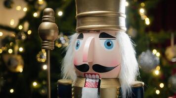 Nutcracker in front of Christmas tree photo