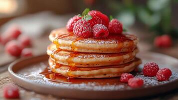 Stack of pancakes with raspberries on top photo