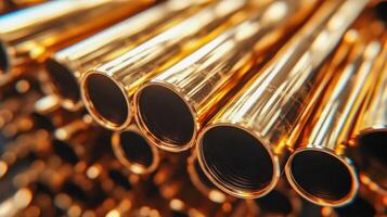 Close-up of shiny, golden metal pipes arranged in a heap, reflecting light with a polished surface photo