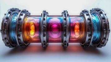 A colorful, futuristic cylindrical machine with glowing internal components, featuring vibrant blues, pinks, and oranges in the transparent shell photo
