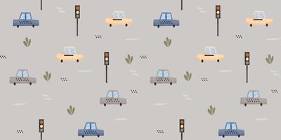 A pattern with cars and traffic lights on it vector