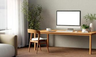 Modern Minimalist Workspace with Natural Greenery 3D Render. photo