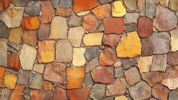 A wall made of various colored stones, including brown, red, and yellow. The stones are arranged in a way that creates a visually interesting and textured surface. photo