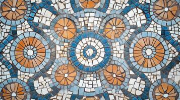A tile floor with a checkered pattern of blue, white, and orange tiles. photo