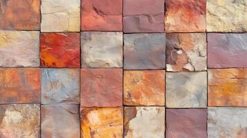 A brick wall with a variety of colors and textures. The wall is made up of many different colored bricks. photo