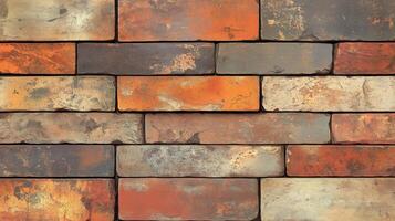 A brick wall with a variety of colors and textures. The wall is made up of many different colored bricks. photo