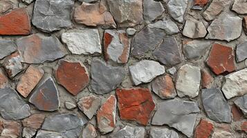 A brick wall with a variety of different colored bricks. The wall is made up of many different sized bricks, and the colors vary from red to gray. photo