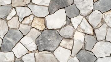 A stone wall with a variety of different colored stones. The wall is made up of many different sized stones. photo