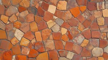 A wall made of various colored stones, including brown, red, and yellow. The stones are arranged in a way that creates a visually interesting and textured surface. photo