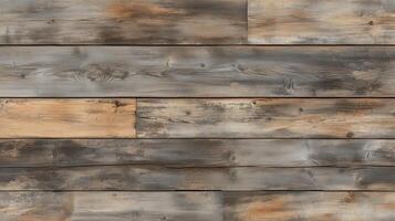 A wooden floor with a lot of cracks and splinters. The wood is old and worn, giving the impression of a rustic, natural setting. photo