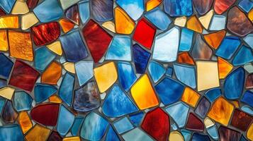 A colorful mosaic made of glass pieces. The colors are blue, red, and yellow. The mosaic is made up of many small pieces. photo