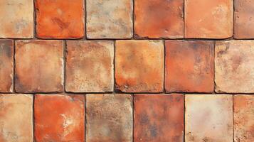 A brick wall with a brown and white color pattern. The wall is made up of many small square tiles photo