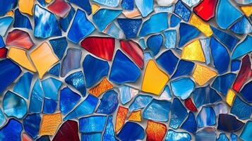 A colorful mosaic made of glass pieces. The colors are blue, red, and yellow. The mosaic is made up of many small pieces. photo